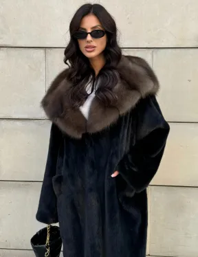 Шуба из норки Saga furs с капюшоном куницы, цельный мех - TOTAL BLACK
