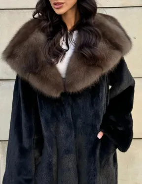 Шуба из норки Saga furs с капюшоном куницы, цельный мех - TOTAL BLACK