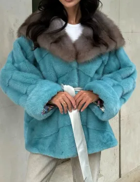 Шуба Autolady из норки с капюшоном из меха куницы - цвет тиффани