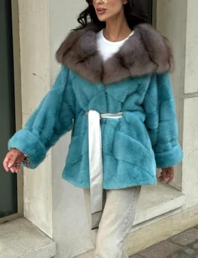 Шуба Autolady из норки с капюшоном из меха куницы - цвет тиффани