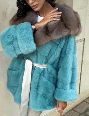 Шуба Autolady из норки с капюшоном из меха куницы - цвет тиффани