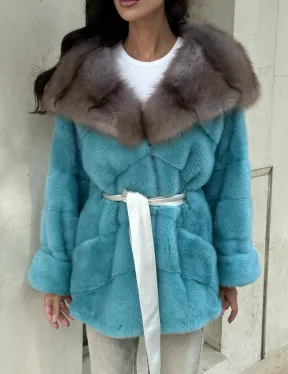 Шуба Autolady из норки с капюшоном из меха куницы - цвет тиффани