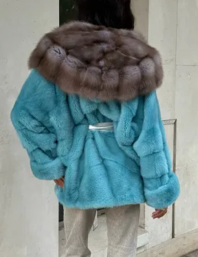 Шуба Autolady из норки с капюшоном из меха куницы - цвет тиффани