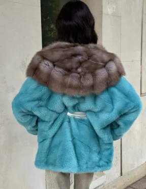 Шуба Autolady из норки с капюшоном из меха куницы - цвет тиффани