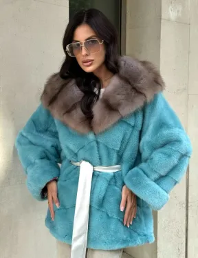 Шуба Autolady из норки с капюшоном из меха куницы - цвет тиффани