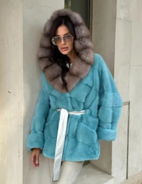 Шуба Autolady из норки с капюшоном из меха куницы - цвет тиффани