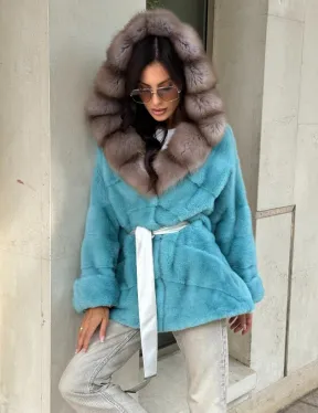 Шуба Autolady из норки с капюшоном из меха куницы - цвет тиффани