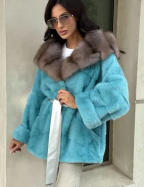 Шуба Autolady из норки с капюшоном из меха куницы - цвет тиффани