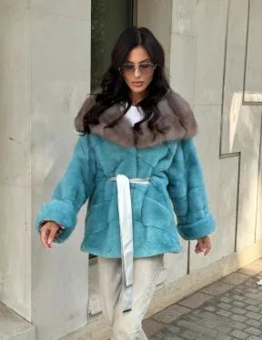 Шуба Autolady из норки с капюшоном из меха куницы - цвет тиффани