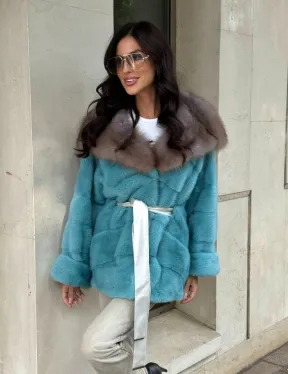 Шуба Autolady из норки с капюшоном из меха куницы - цвет тиффани