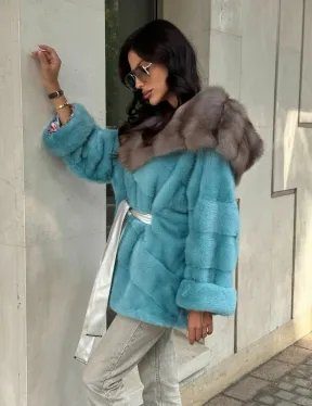 Шуба Autolady из норки с капюшоном из меха куницы - цвет тиффани