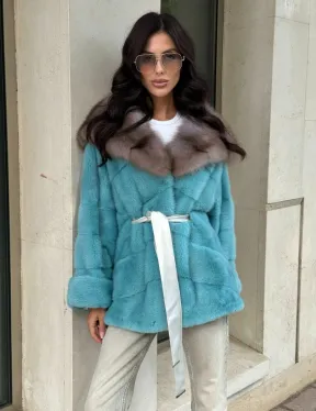 Шуба Autolady из норки с капюшоном из меха куницы - цвет тиффани