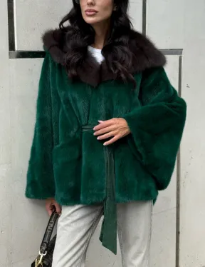 Шуба летучая мышь из норки с капюшоном из куницы - темный изумруд