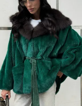 Шуба летучая мышь из норки с капюшоном из куницы - темный изумруд