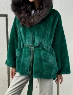 Шуба летучая мышь из норки с капюшоном из куницы - темный изумруд