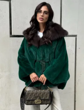 Шуба летучая мышь из норки с капюшоном из куницы - темный изумруд