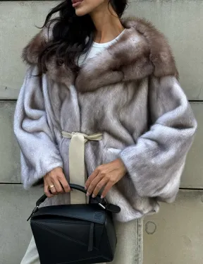 Шуба летучая мышь из меха норки с капюшоном куницы в технологии роспуск