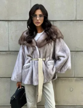 Шуба летучая мышь из меха норки с капюшоном куницы в технологии роспуск