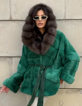 Шуба кимоно из норки с капюшоном из меха куницы - цвет малахит (зеленый)