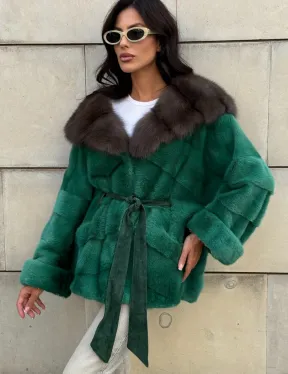 Шуба кимоно из норки с капюшоном из меха куницы - цвет малахит (зеленый)