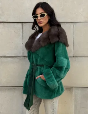Шуба кимоно из норки с капюшоном из меха куницы - цвет малахит (зеленый)