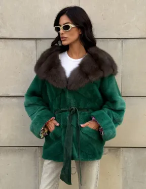 Шуба кимоно из норки с капюшоном из меха куницы - цвет малахит (зеленый)