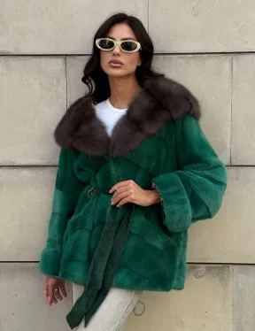Шуба кимоно из норки с капюшоном из меха куницы - цвет малахит (зеленый)