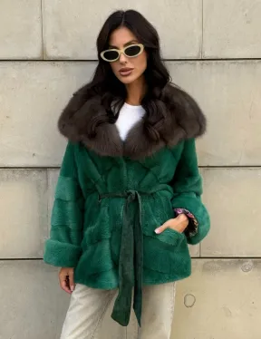 Шуба кимоно из норки с капюшоном из меха куницы - цвет малахит (зеленый)
