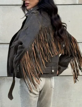 Куртка из натуральной кожи с бахромой «Vintage» - коричневая