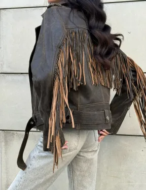 Куртка из натуральной кожи с бахромой «Vintage» - коричневая
