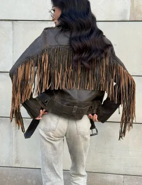Куртка из натуральной кожи с бахромой «Vintage» - коричневая