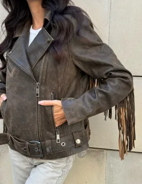 Куртка из натуральной кожи с бахромой «Vintage» - коричневая