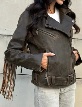 Куртка из натуральной кожи с бахромой «Vintage» - коричневая