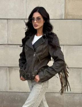 Куртка из натуральной кожи с бахромой «Vintage» - коричневая
