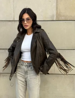 Куртка из натуральной кожи с бахромой «Vintage» - коричневая