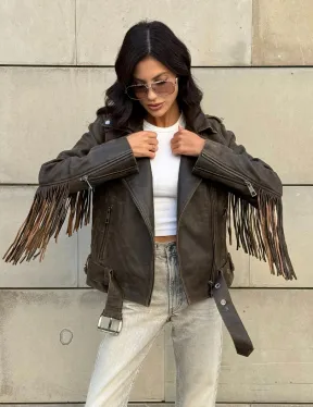 Куртка из натуральной кожи с бахромой «Vintage» - коричневая