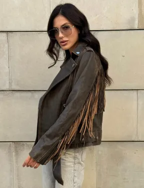 Куртка из натуральной кожи с бахромой «Vintage» - коричневая