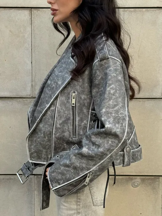 Косуха из натуральной кожи Vintage со шнуровкой - цвет серый