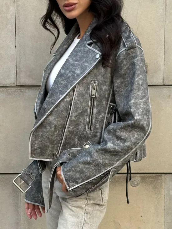 Косуха из натуральной кожи Vintage со шнуровкой - цвет серый