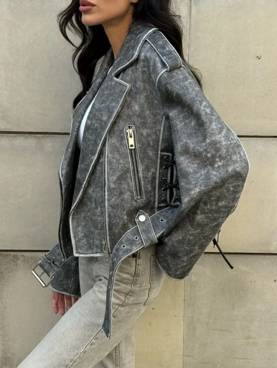 Косуха из натуральной кожи Vintage со шнуровкой - цвет серый