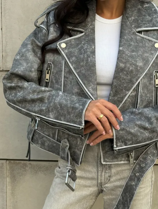 Косуха из натуральной кожи Vintage со шнуровкой - цвет серый