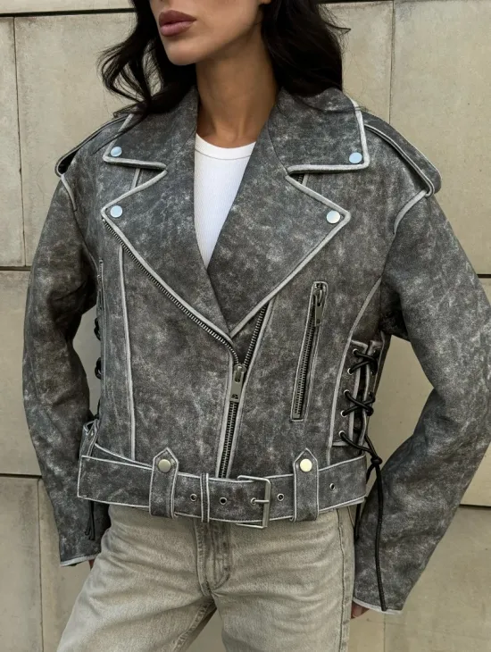 Косуха из натуральной кожи Vintage со шнуровкой - цвет серый