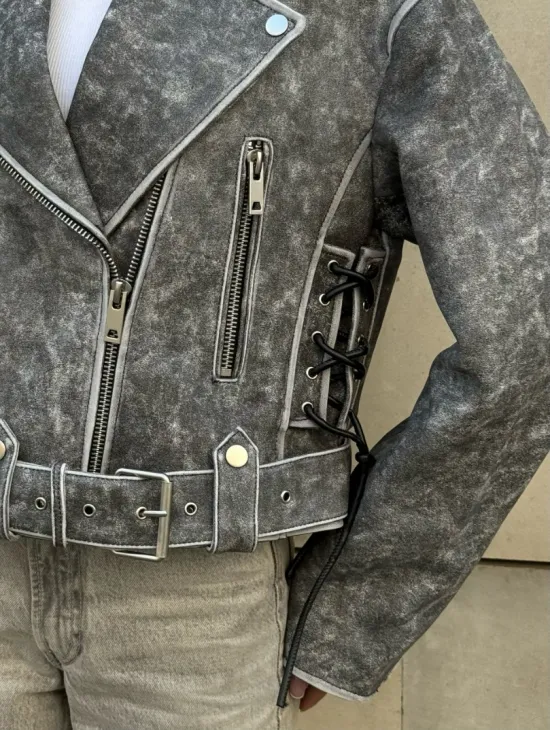 Косуха из натуральной кожи Vintage со шнуровкой - цвет серый