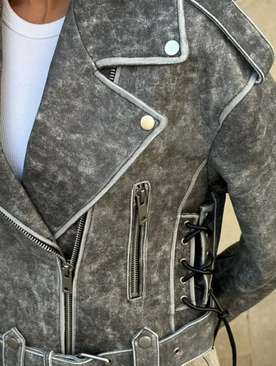 Косуха из натуральной кожи Vintage со шнуровкой - цвет серый