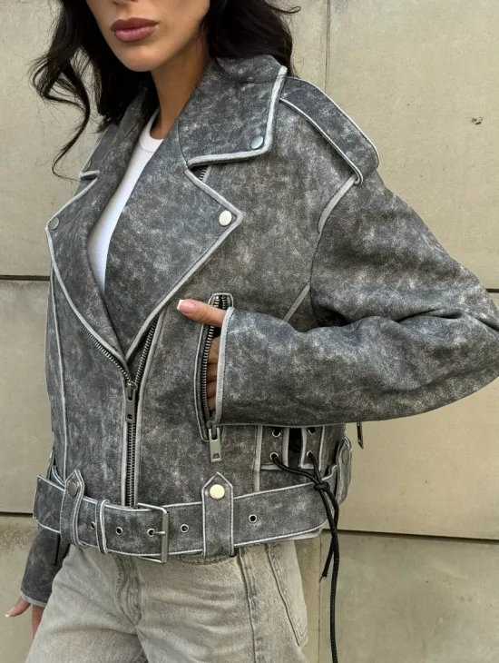 Косуха из натуральной кожи Vintage со шнуровкой - цвет серый