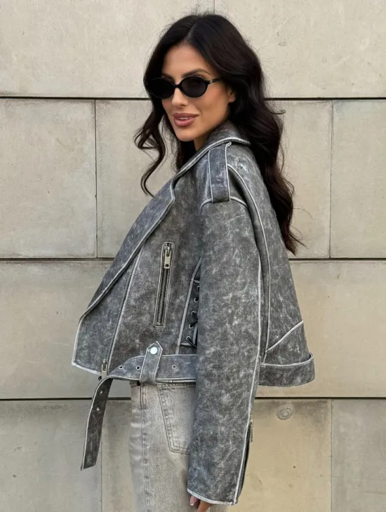 Косуха из натуральной кожи Vintage со шнуровкой - цвет серый