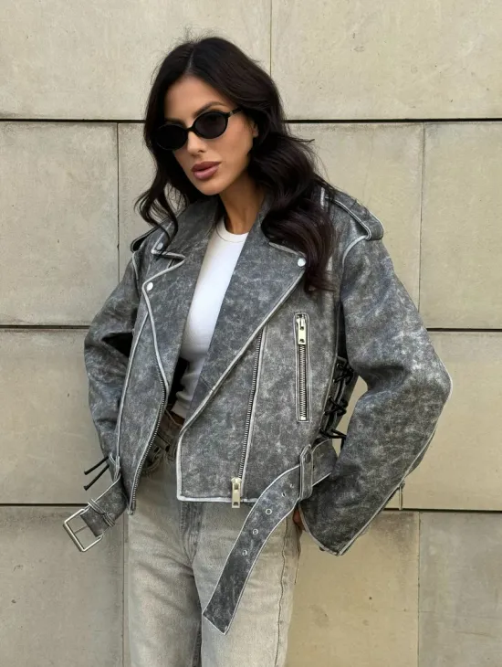 Косуха из натуральной кожи Vintage со шнуровкой - цвет серый