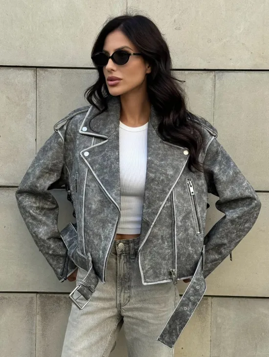 Косуха из натуральной кожи Vintage со шнуровкой - цвет серый