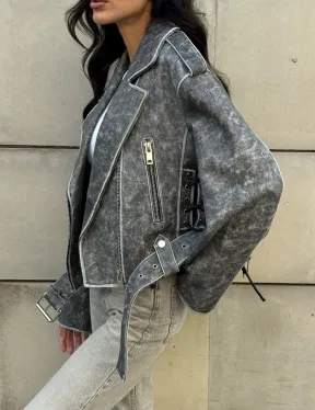 Косуха из натуральной кожи Vintage со шнуровкой - цвет серый