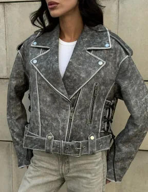 Косуха из натуральной кожи Vintage со шнуровкой - цвет серый